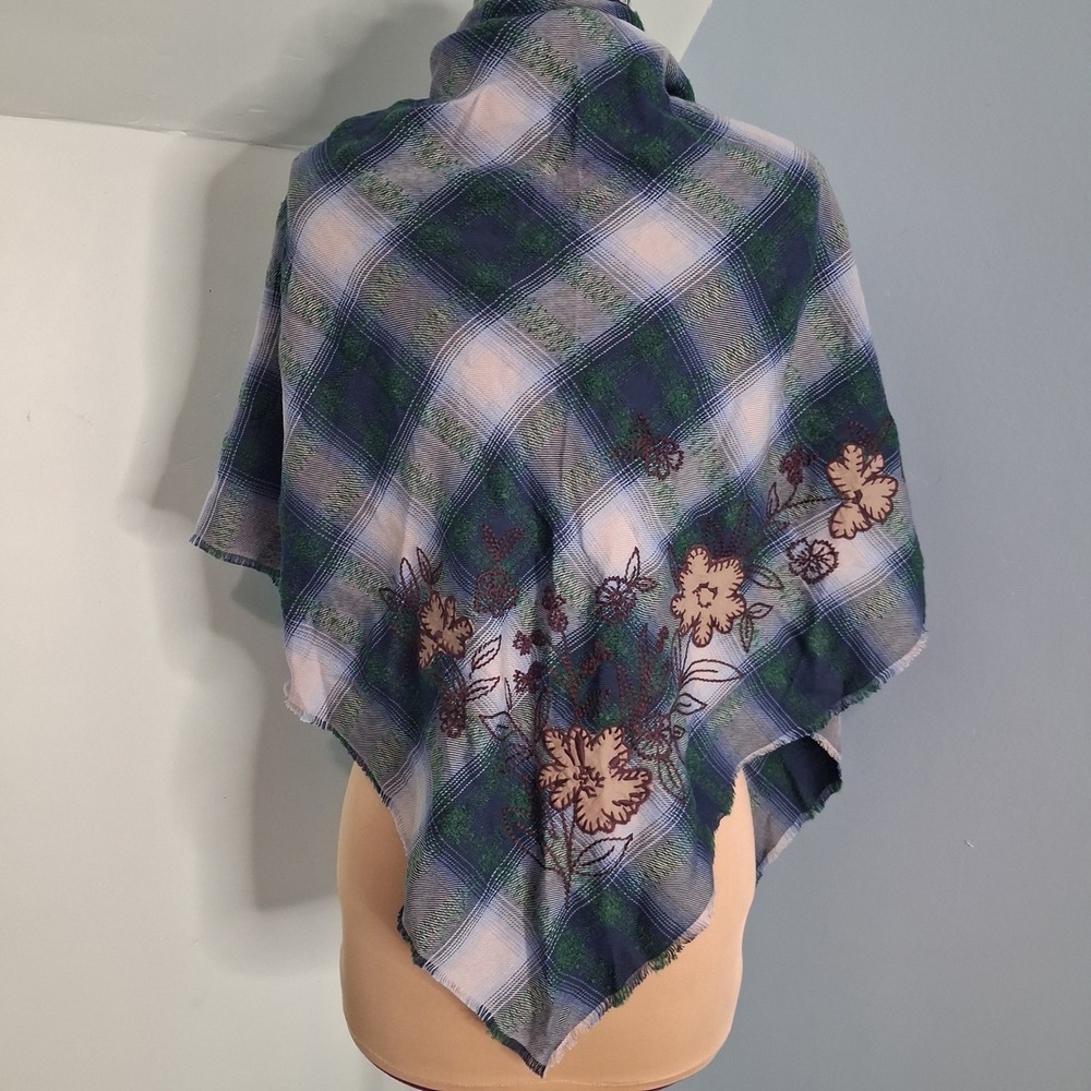 J. Jill Plaid Floral Embroidered Triangle Scarf India Ink Multi One Size NWT